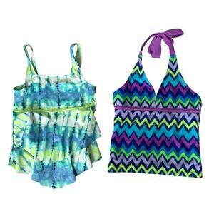 Justice Swim Tops (2) Tankini Ruffle Tie Dye Geometric Neck Tie Girls Size 8